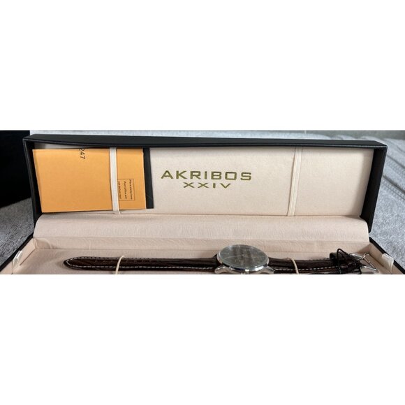 Akribos XXIV Men’s Retro Black Dial Watch w/ Date Window Leather Strap AK715SSB - Picture 13 of 16